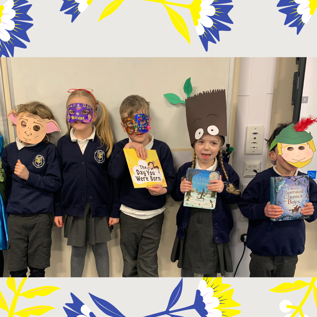 Pupils wearing World Book Day Masks